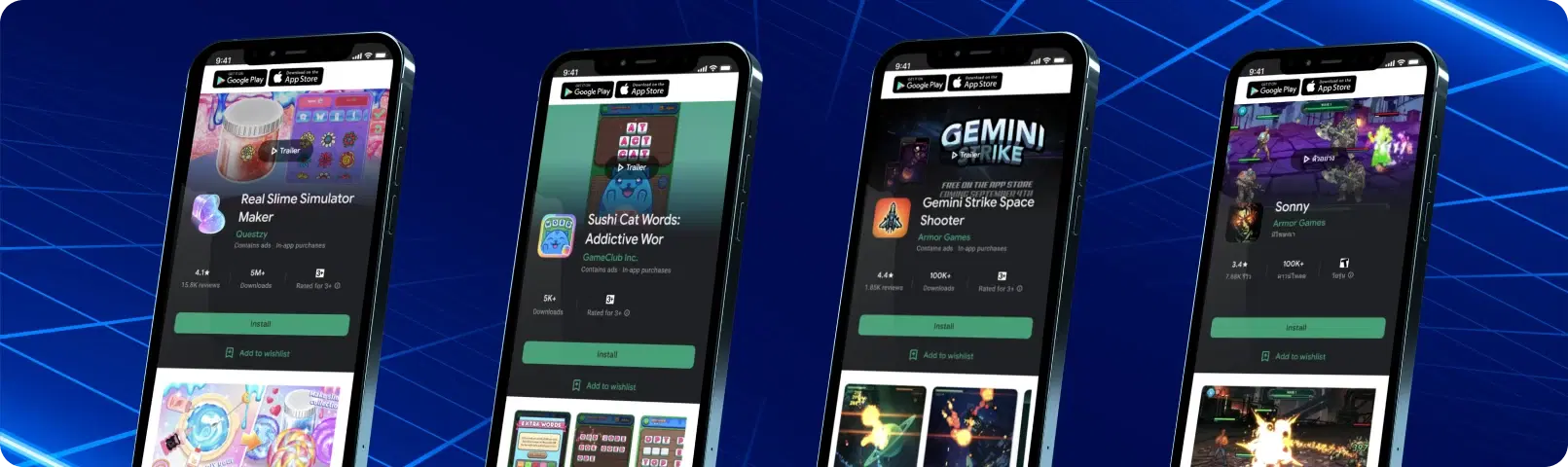 Four phones showing the studio's own mobile games on their app store pages