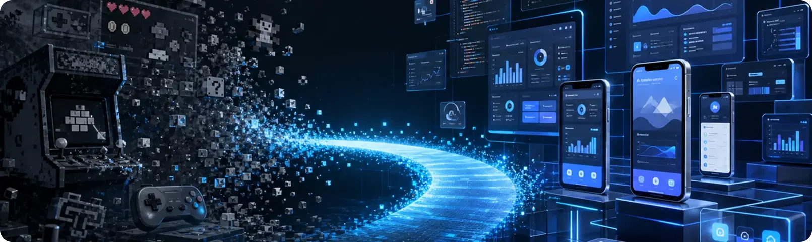 Pixel-art game blocks dissolving into a stream of data that reforms as business dashboards