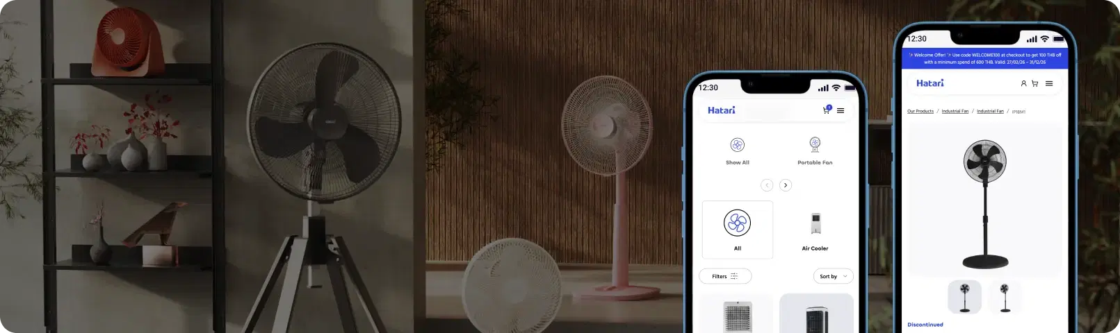 Hatari fans styled in a room, with the store's product listing on two phones