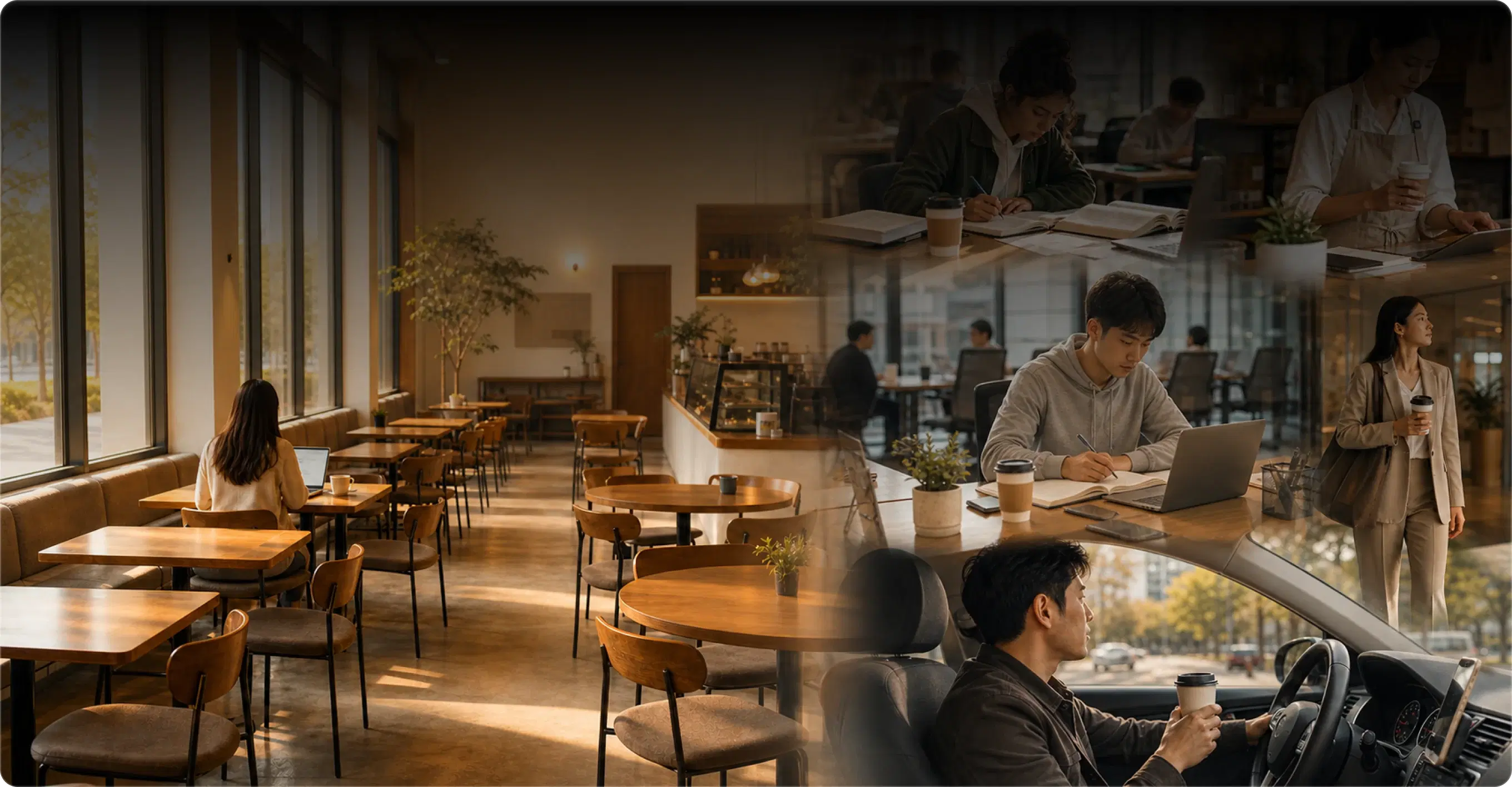 The same café: nearly empty on one side, full of customers on the other