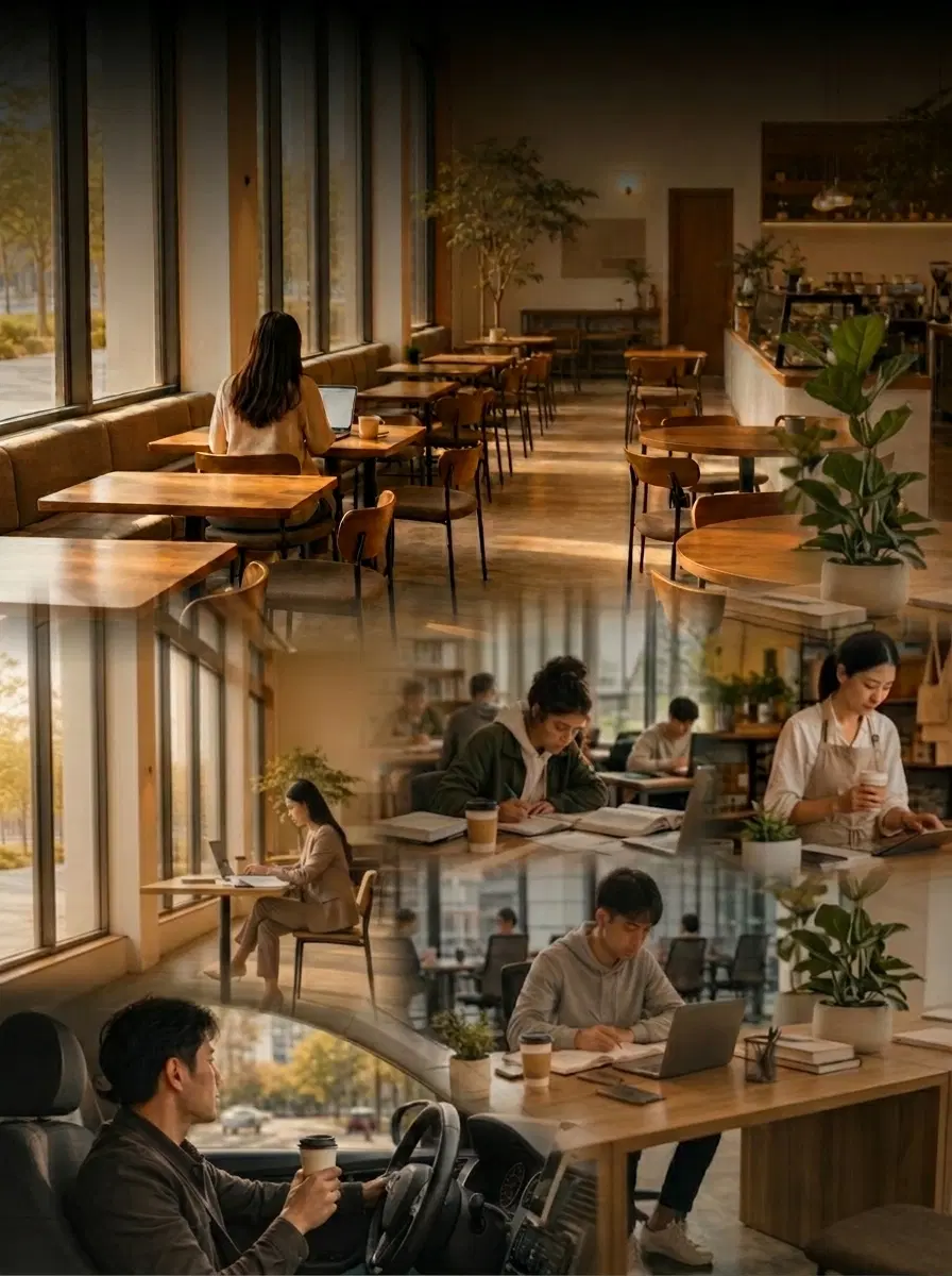 The same café: nearly empty on one side, full of customers on the other